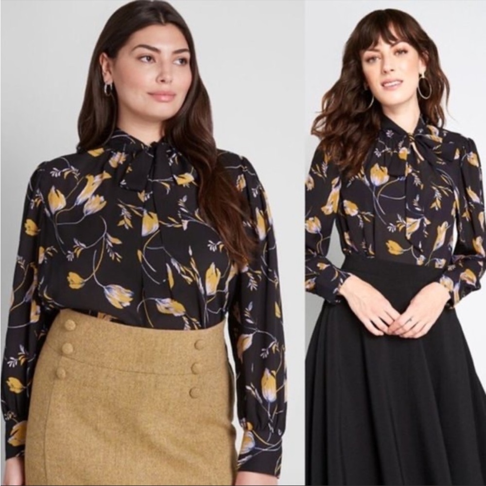 ModCloth Black Tulip Floral Blouse with Tie Detail Collar